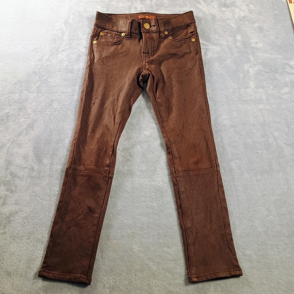 7 For All Mankind Pants Kids 7 Brown Faux Leather Skinny Jegging Zip Fly Stretch